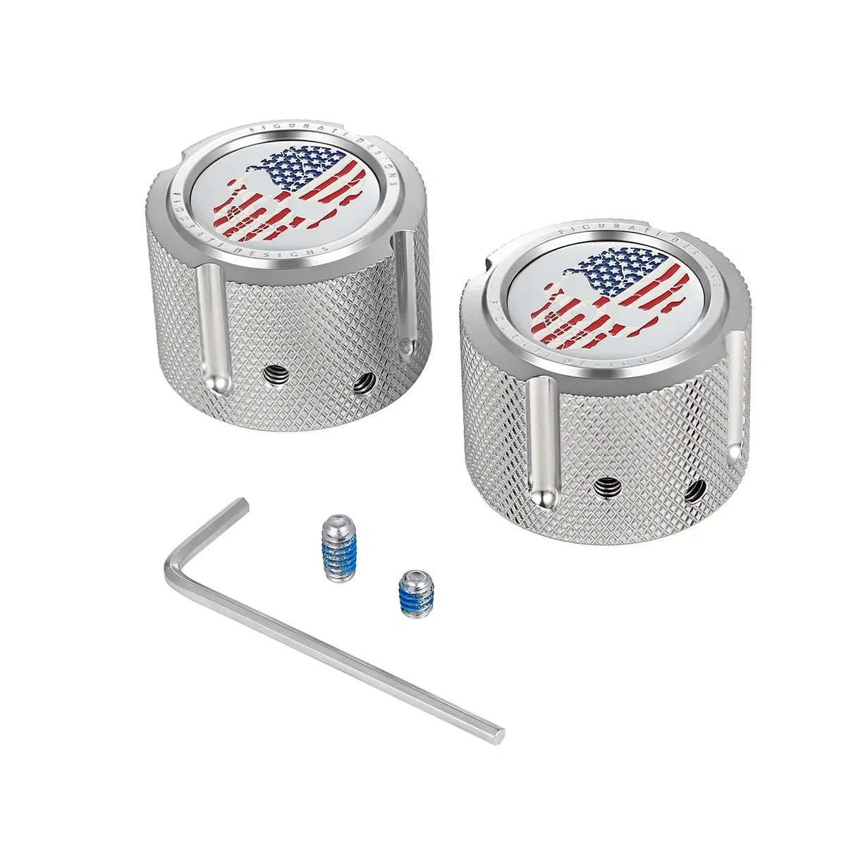 Harley-Davidson Stainless-Steel Front Axle Nut Covers Red White and Blue American Flag Skull