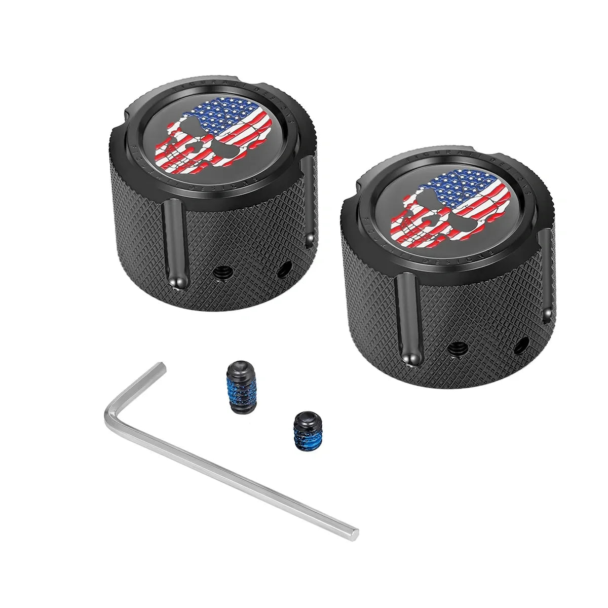 Harley-Davidson Stainless-Steel in Black Front Axle Nut Covers Red White and Blue American Flag Skull